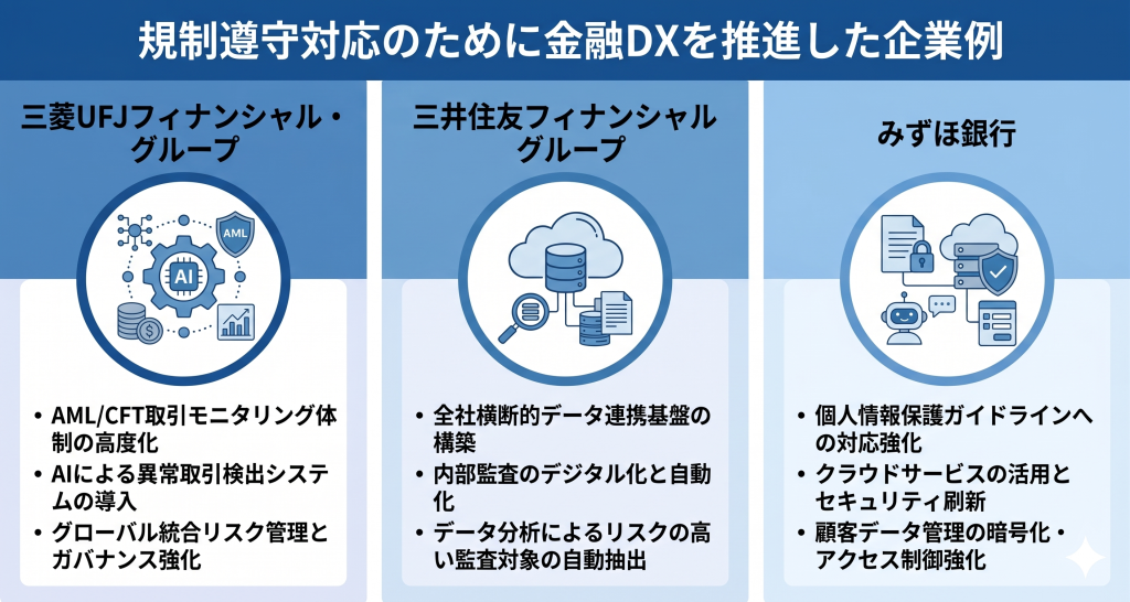 規制遵守対応のために金融DXを推進した企業例を示す様子を表したイメージ