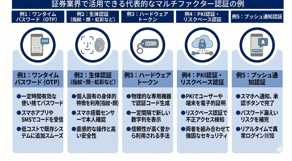 証券業界で活用できる代表的なマルチファクター認証の例を示す様子を表したイメージ