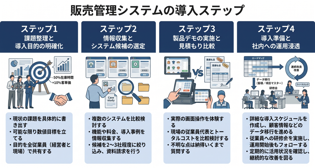 販売管理システムの導入ステップのイメージ