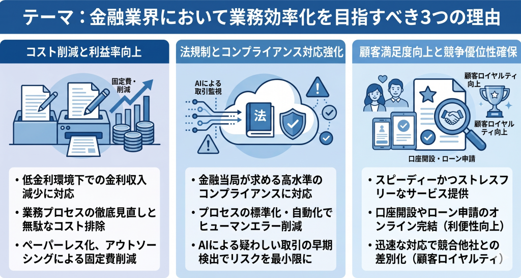金融業界において業務効率化を目指すべき3つの理由を図解したイメージ