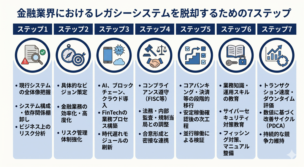 金融業界におけるレガシーシステム脱却を計画する様子を表すイメージ