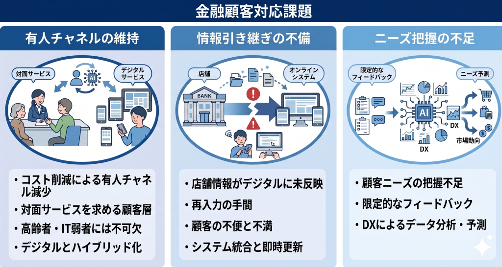 金融機関が抱える顧客対応の課題について考える様子を表したイメージ