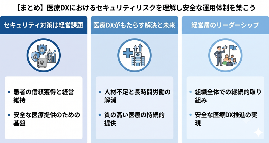 医療DXにおけるセキュリティリスクを理解し安全な運用体制を築いているイメージ