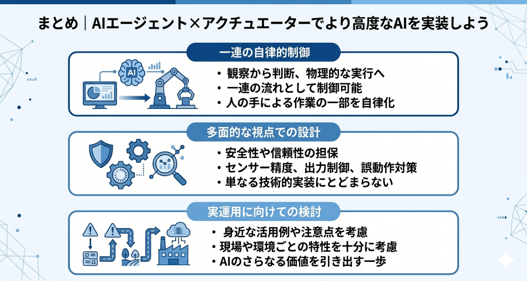 AIエージェントとアクチュエーターの掛け合わせにより高度なAIの実相を目指すイメージ