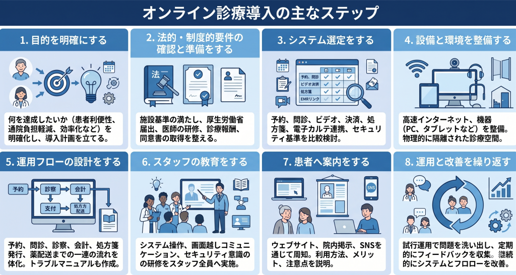 医療業界におけるオンライン診療導入のステップのイメージ