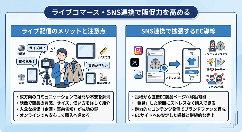 小売りDXにおいてライブコマース・SNS連携の重要性について話し合うイメージ