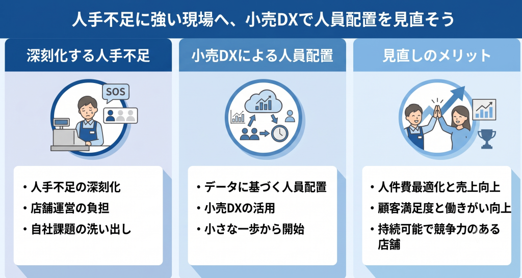 人手不足に強い現場へ、小売DXで人員配置を見直しているイメージ