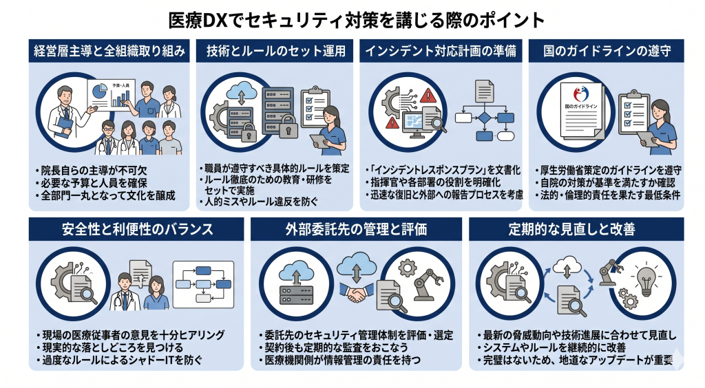 医療DXでセキュリティ対策を講じる際のポイントのイメージ