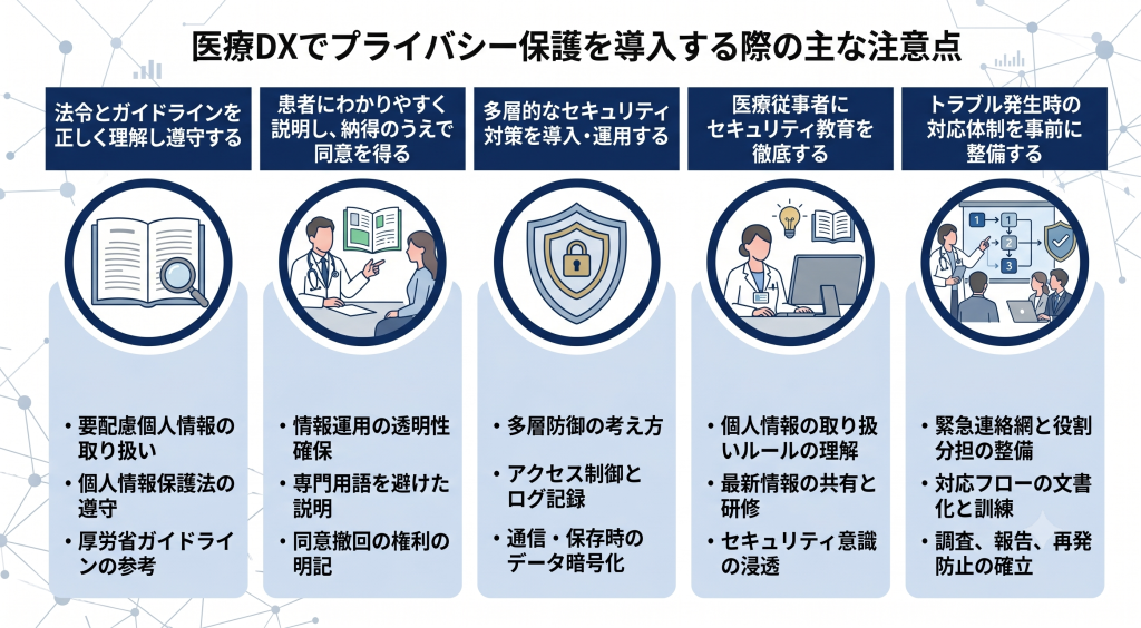 医療DXでプライバシー保護を導入する際の主な注意点のイメージ