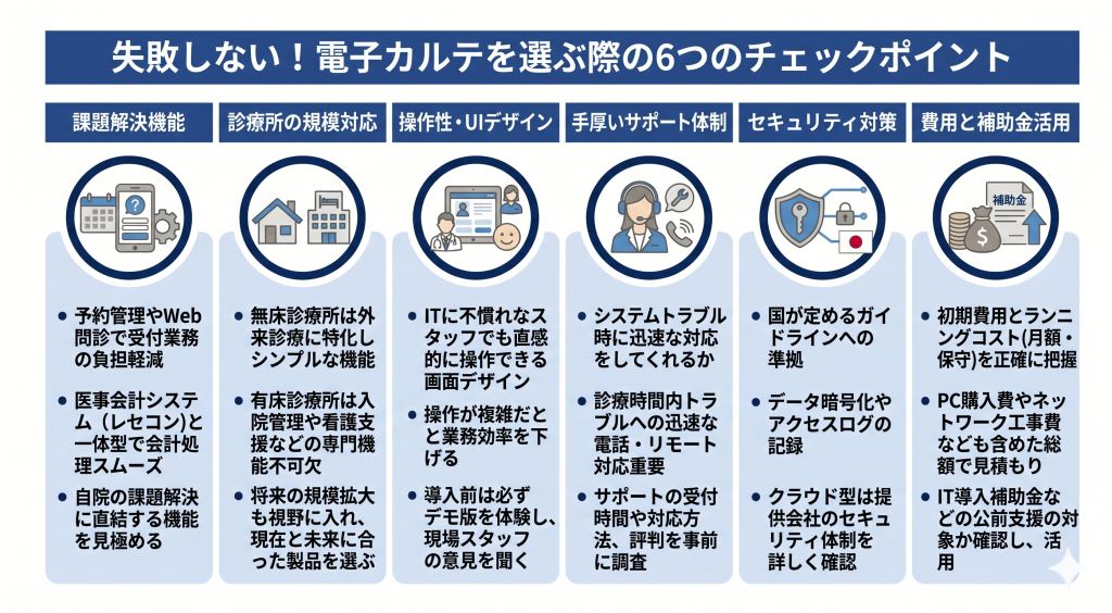 失敗しない！電子カルテを選ぶ際の6つのチェックポイントのイメージ