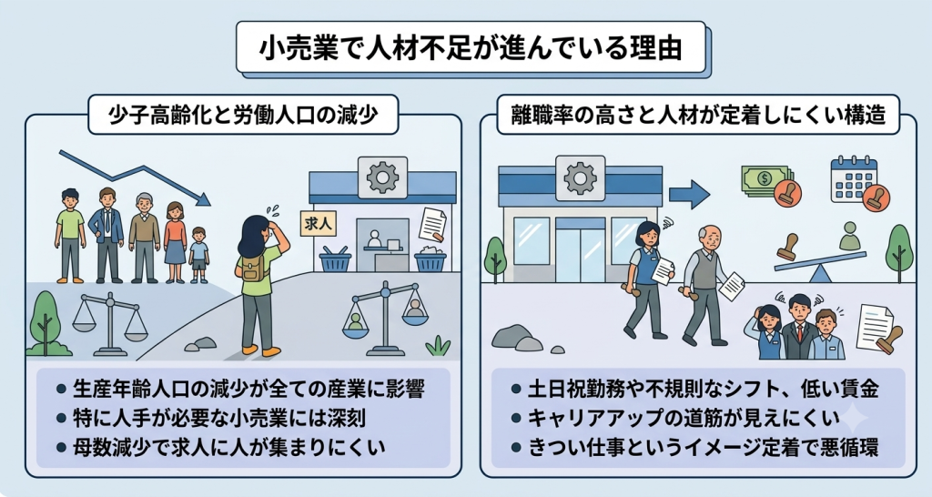 小売業で人材不足が進んでいる理由を示すイメージ