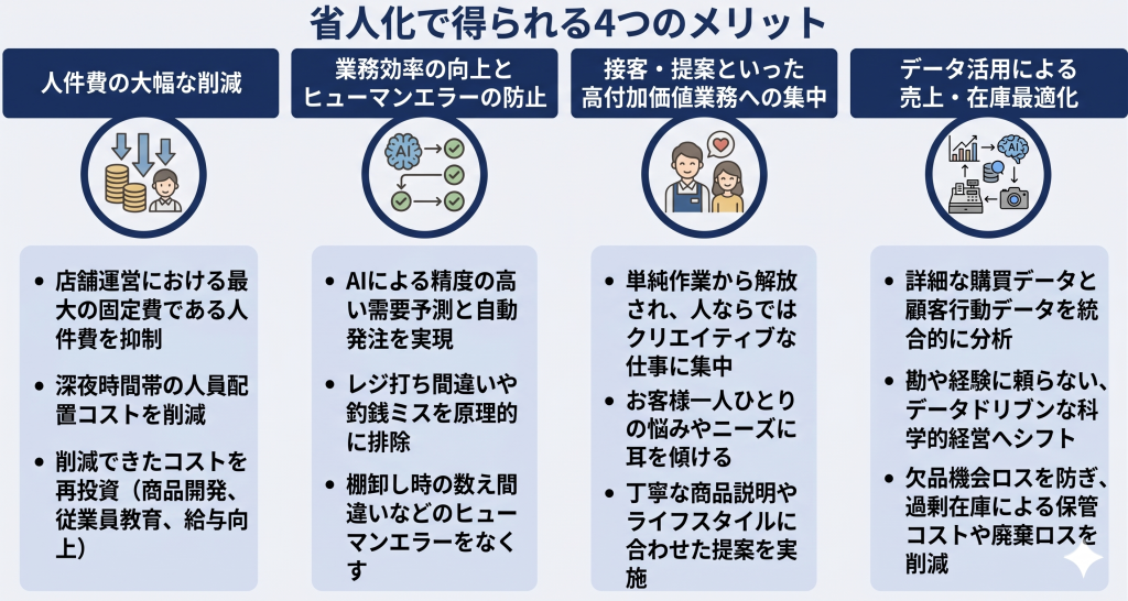 小売業界における省人化のメリットを示したイメージ