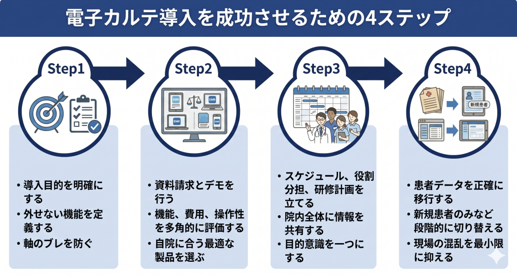 電子カルテ導入を成功させるための4ステップのイメージ