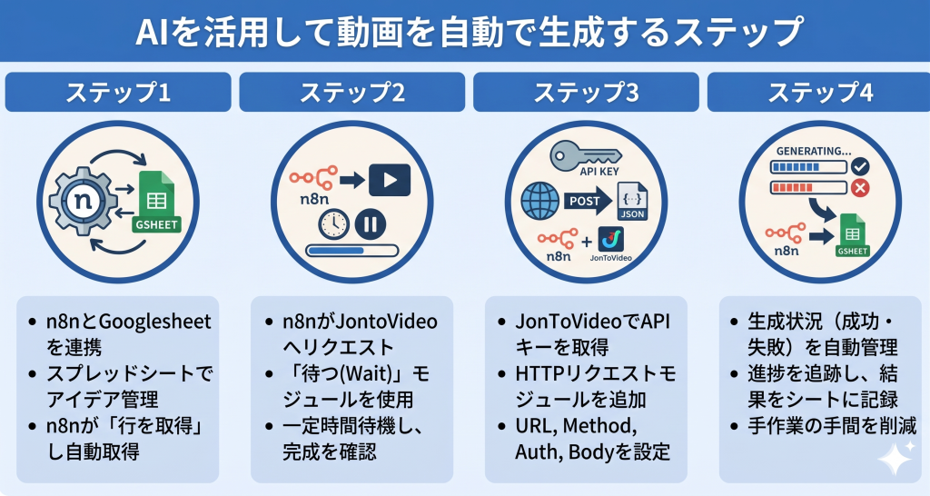 自動化プラットフォームであるn8nをインストールしてセットアップする動画生成の画面