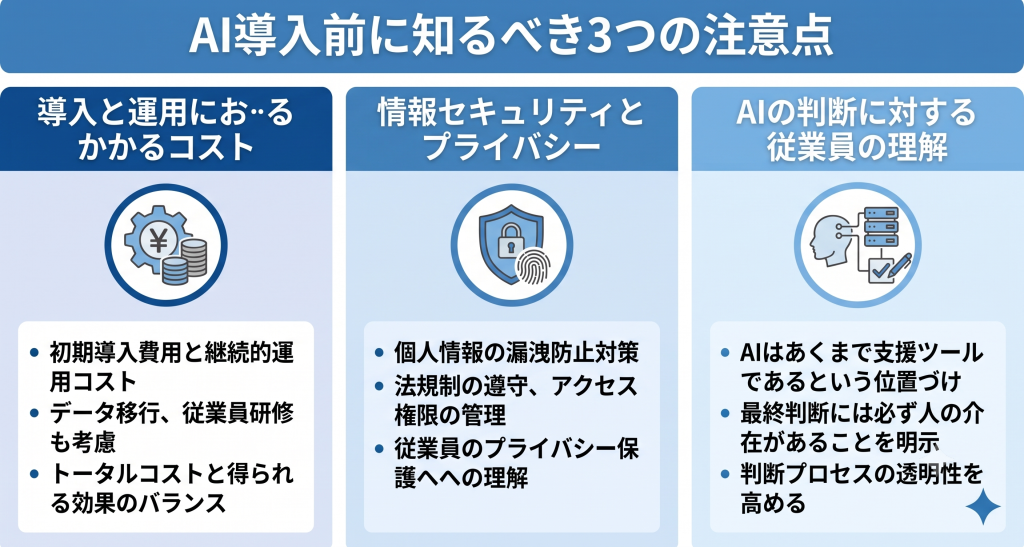 魔法の杖ではないAIの特性を正しく理解し思わぬ失敗を避けるために三つの重要な注意点を押さえて進める人事DXのイメージ