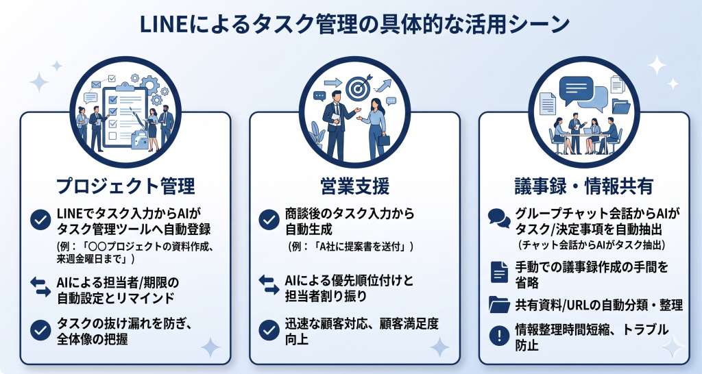 様々なビジネスシーンでの導入効果を表すタスク管理のイメージ