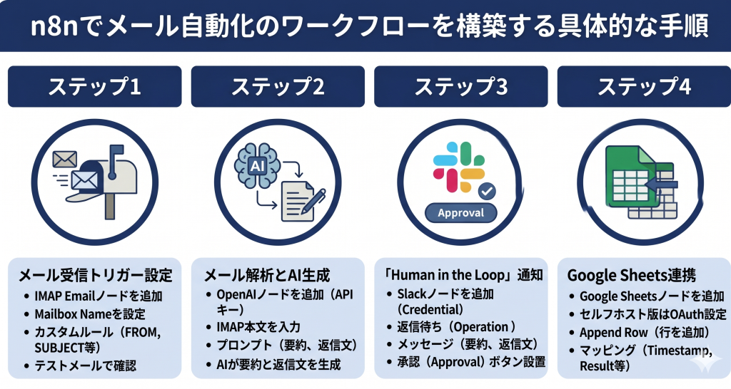n8nでメール自動化のワークフローを構築する具体的な手順を表したイメージ