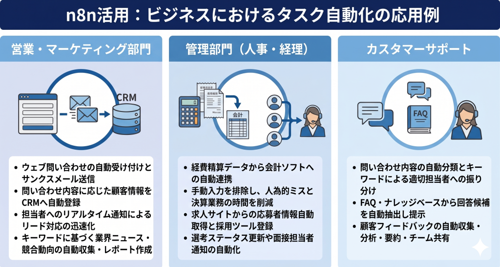 各部門の業務を横断して自動化し生産性を高めるn8nの活用イメージ