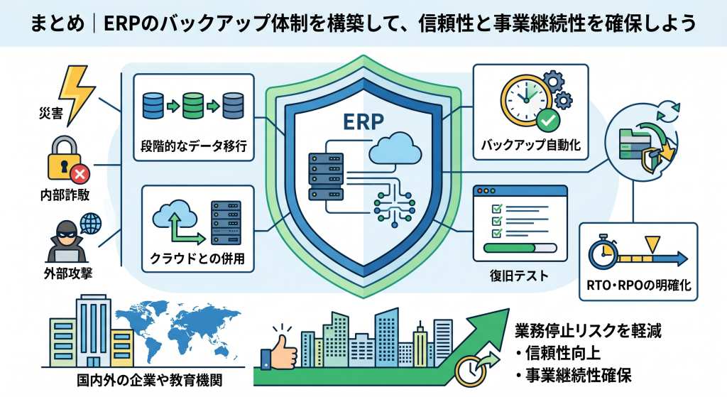 ERPのバックアップ体制を構築して、信頼性と事業継続性を確保しているイメージ