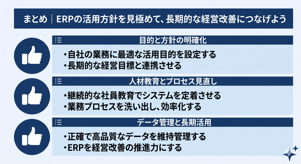 ERPの活用方針を見極めて、長期的な経営改善につながっているイメージ