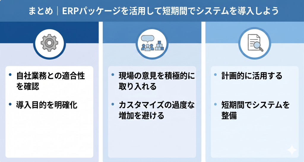 ERPパッケージの活用により短期間でのシステム導入を目指すイメージ