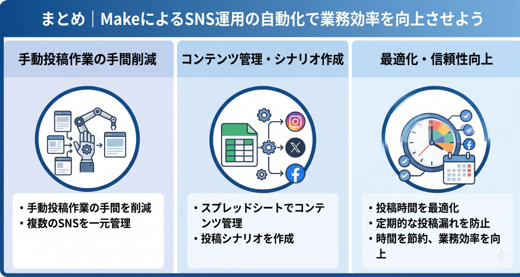 SNS運用の効率化と一元管理を実現するMakeの活用イメージ