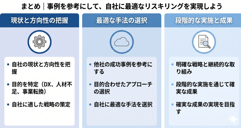 事例を参考にして、自社に最適なリスキリングを実現しているイメージ