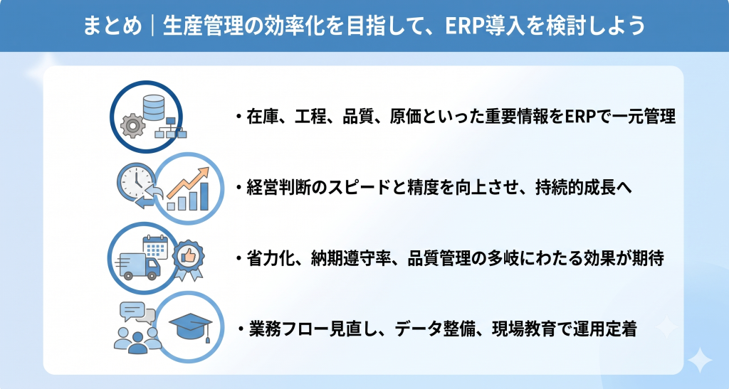 生産管理の効率化を目指して、ERP導入を検討しているイメージ