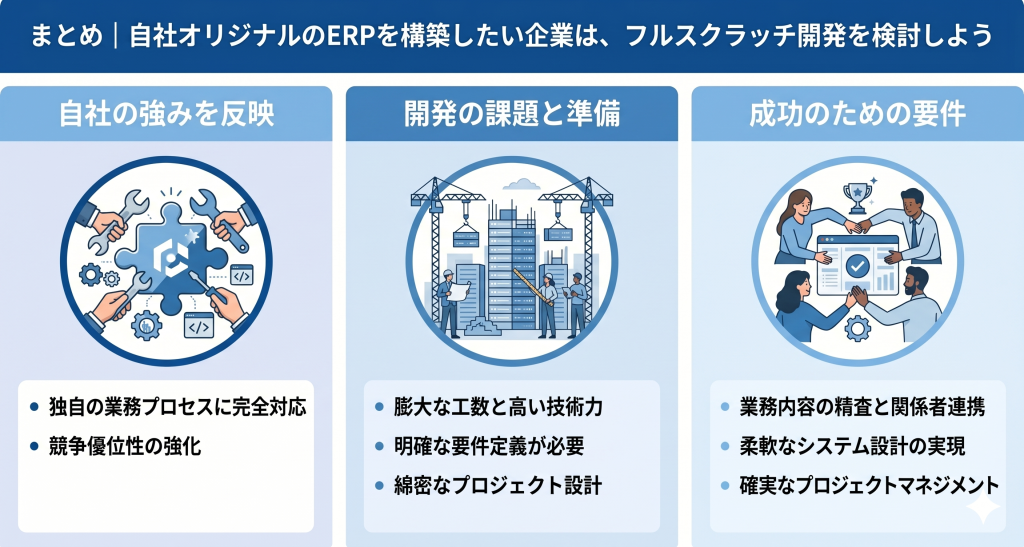 フルスクラッチ開発により自社オリジナルのERP構築を目指すイメージ