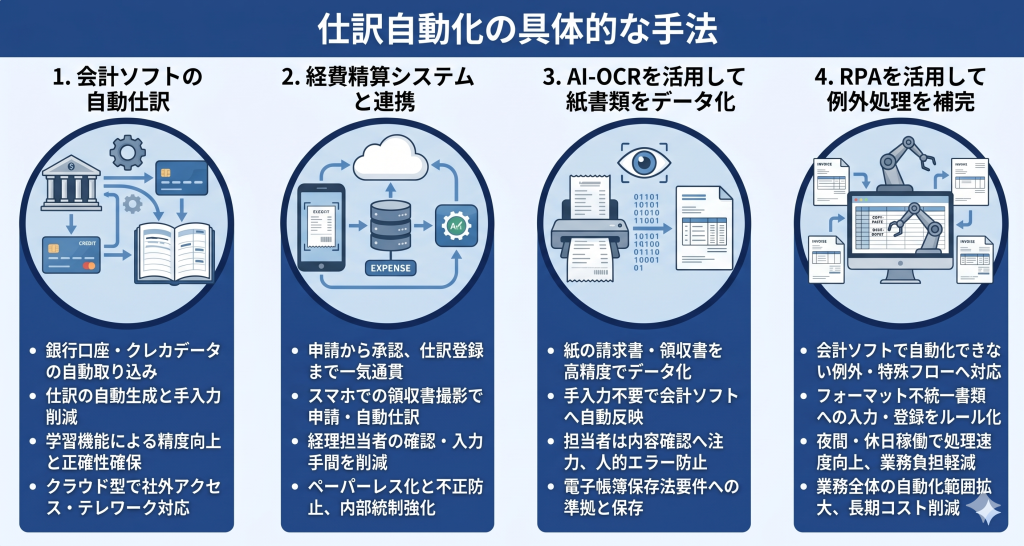 外部システムとの連携により、手入力なしで正確なデータが蓄積される仕訳 自動化のイメージ