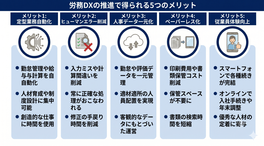 生産性向上やコスト削減を実現する労務DXのメリットを表すイメージ