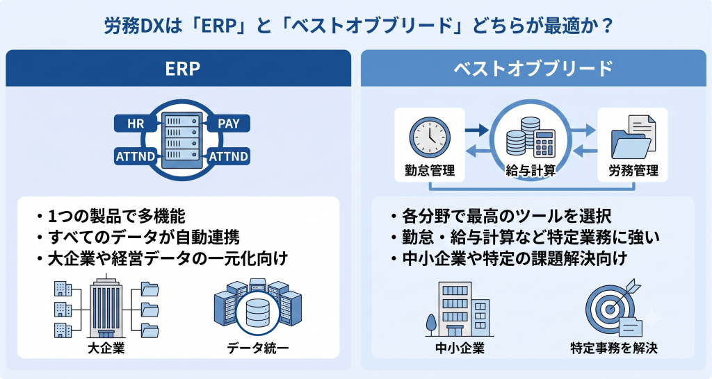 ERPとベストオブブリードの違いを比較し最適な選択を検討する労務DXのイメージ