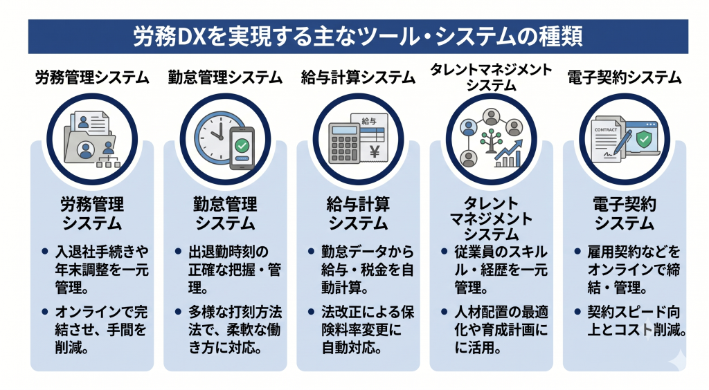 複数ツールを組み合わせて業務効率化を実現する労務DXのイメージ