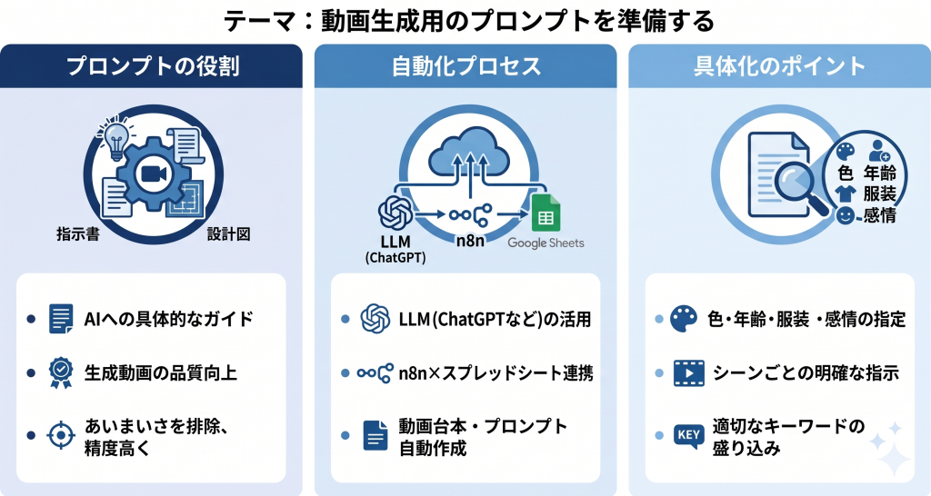 プロンプトの具体性がアウトプットの質を左右することを表す動画生成のイメージ