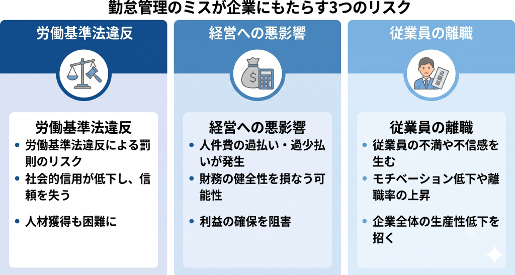 勤怠管理のミスが企業にもたらす3つのリスクを表したイメージ