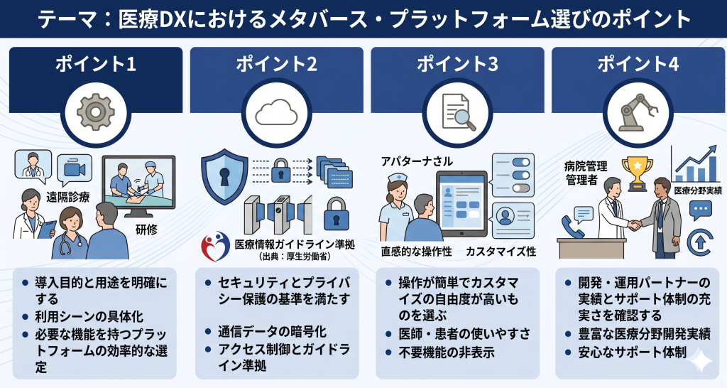 医療DXにおけるメタバース・プラットフォーム選びのポイントのイメージ