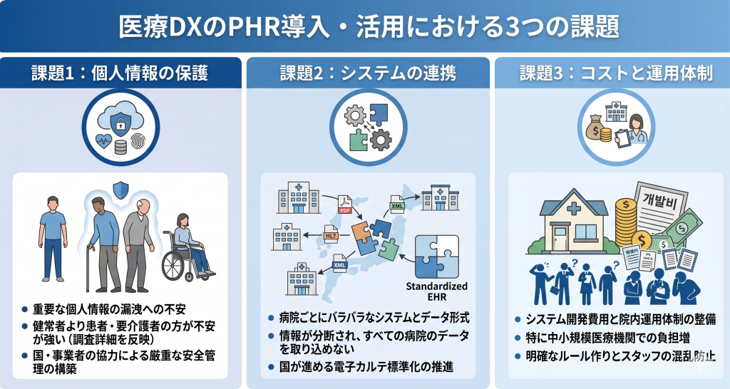医療DXのPHR導入・活用における3つの課題のイメージ