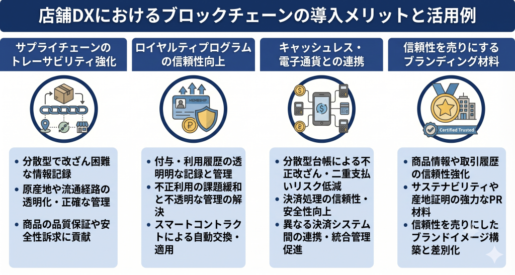 店舗DXにおけるブロックチェーンの導入メリットと活用例のイメージ