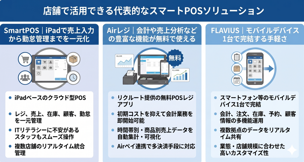 店舗で活用できる代表的なスマートPOSソリューションのイメージ