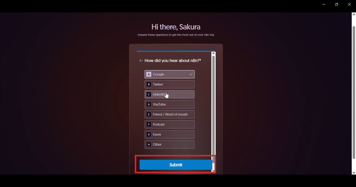 n8nの初期設定画面のイメージ