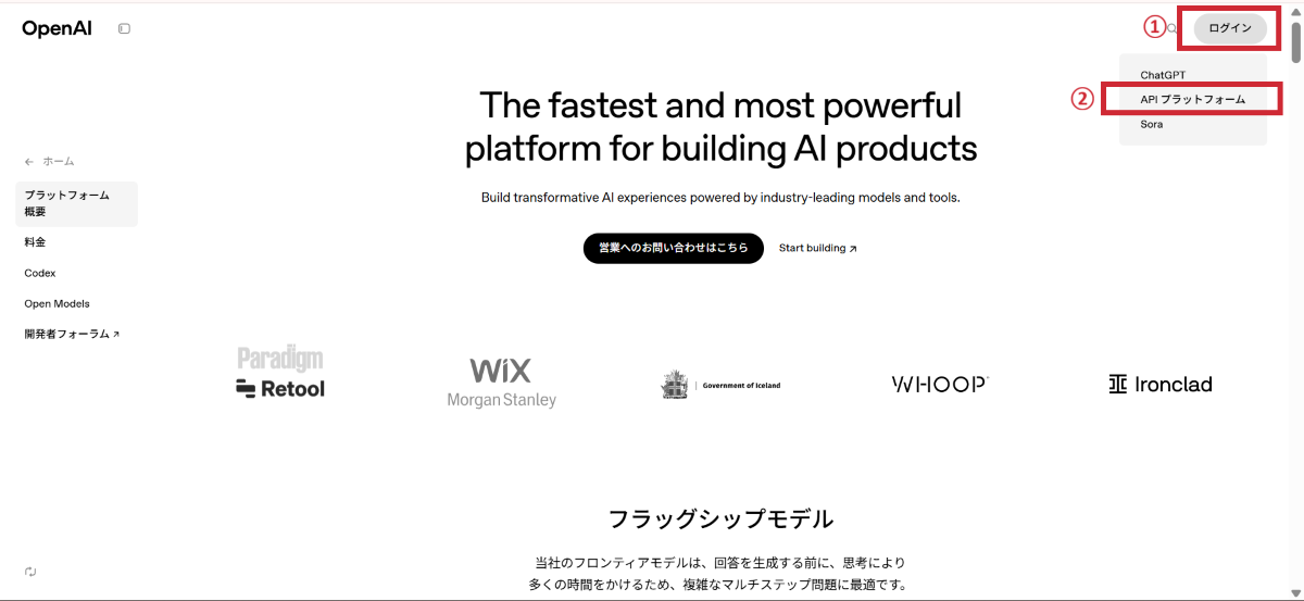 オープンAIAPIプラットフォームアクセス画面のイメージ
