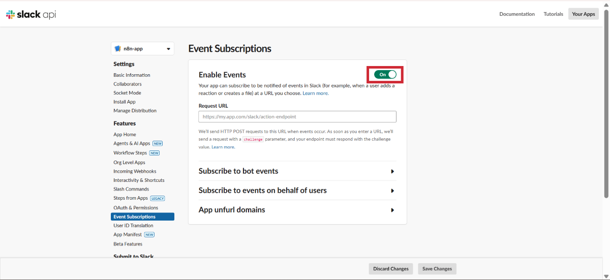Enable EventsのONを指示するイメージ