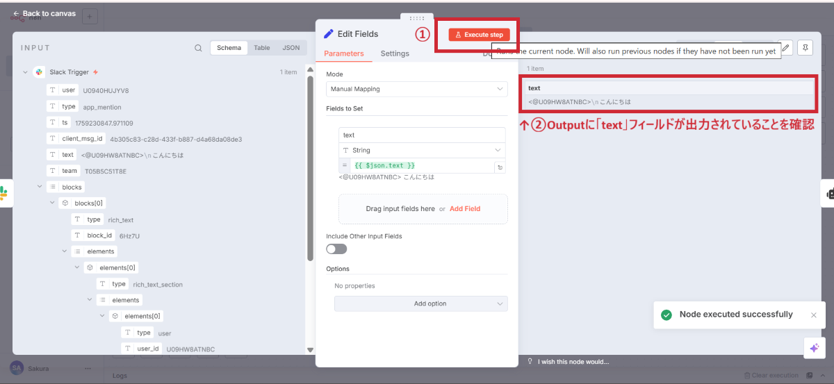 Outputに「text」フィールドが出力されていることの確認を指示するイメージ