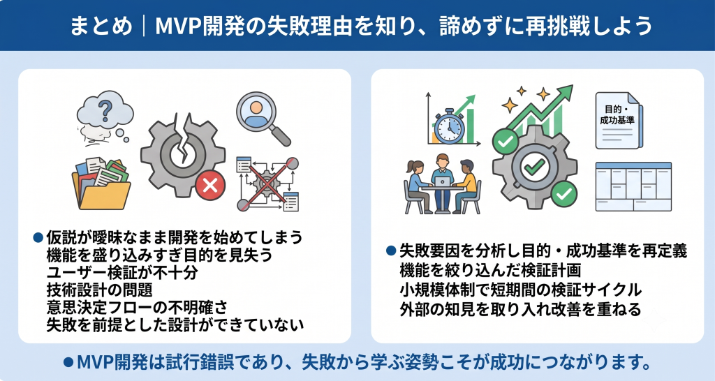 試行錯誤を繰り返し、MVP開発に諦めずに挑戦するイメージ