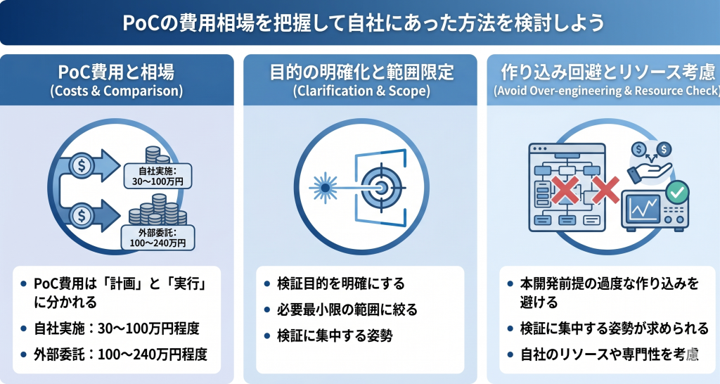 PoCの費用相場を把握して自社にあった方法を検討しているイメージ