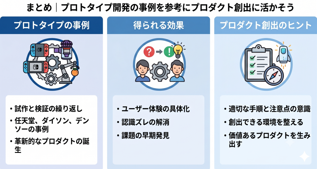 プロトタイプ開発の事例を参考にプロダクト創出を目指すイメージ