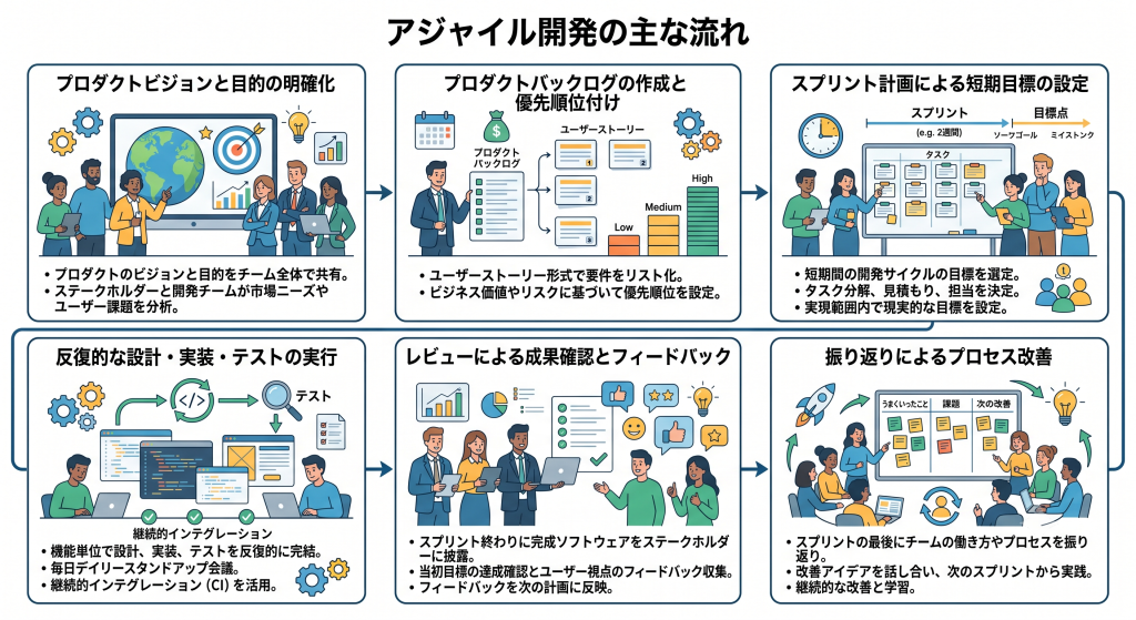 アジャイル開発の主な流れを表しているイメージ