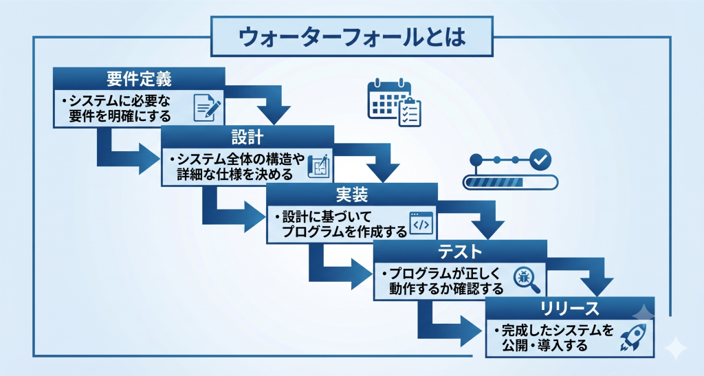 ウォーターフォールとは何かについて検討しているイメージ