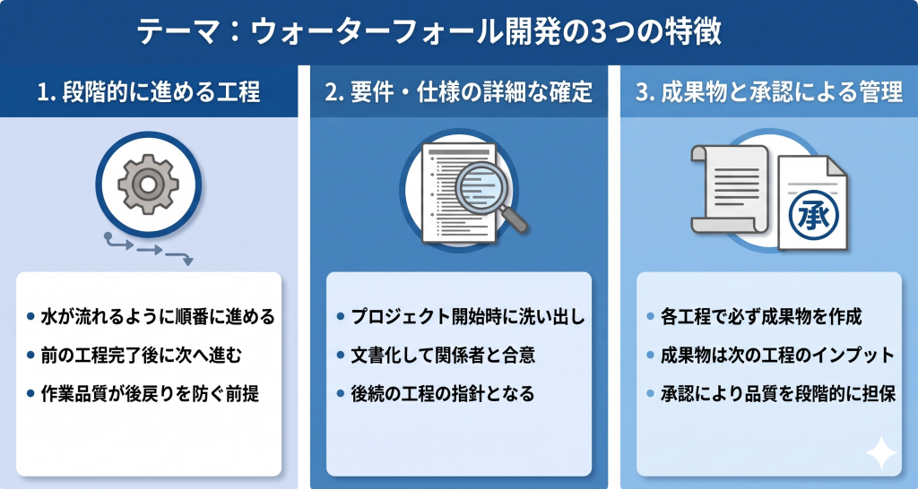 ウォーターフォール開発の特徴について話し合うイメージ