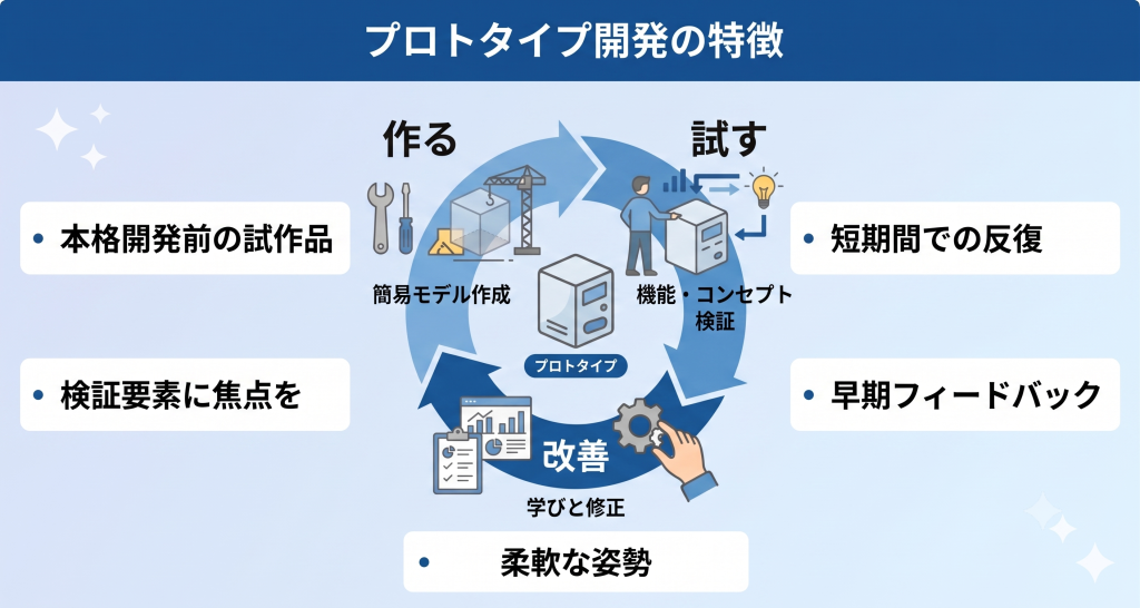 プロトタイプ開発の特徴について話し合うイメージ